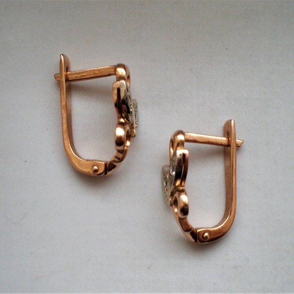 Vintage Russian USSR 14K 585 Rose Pink White Gold CZ Cluster Leaf EARRINGS - Picture 2 of 7